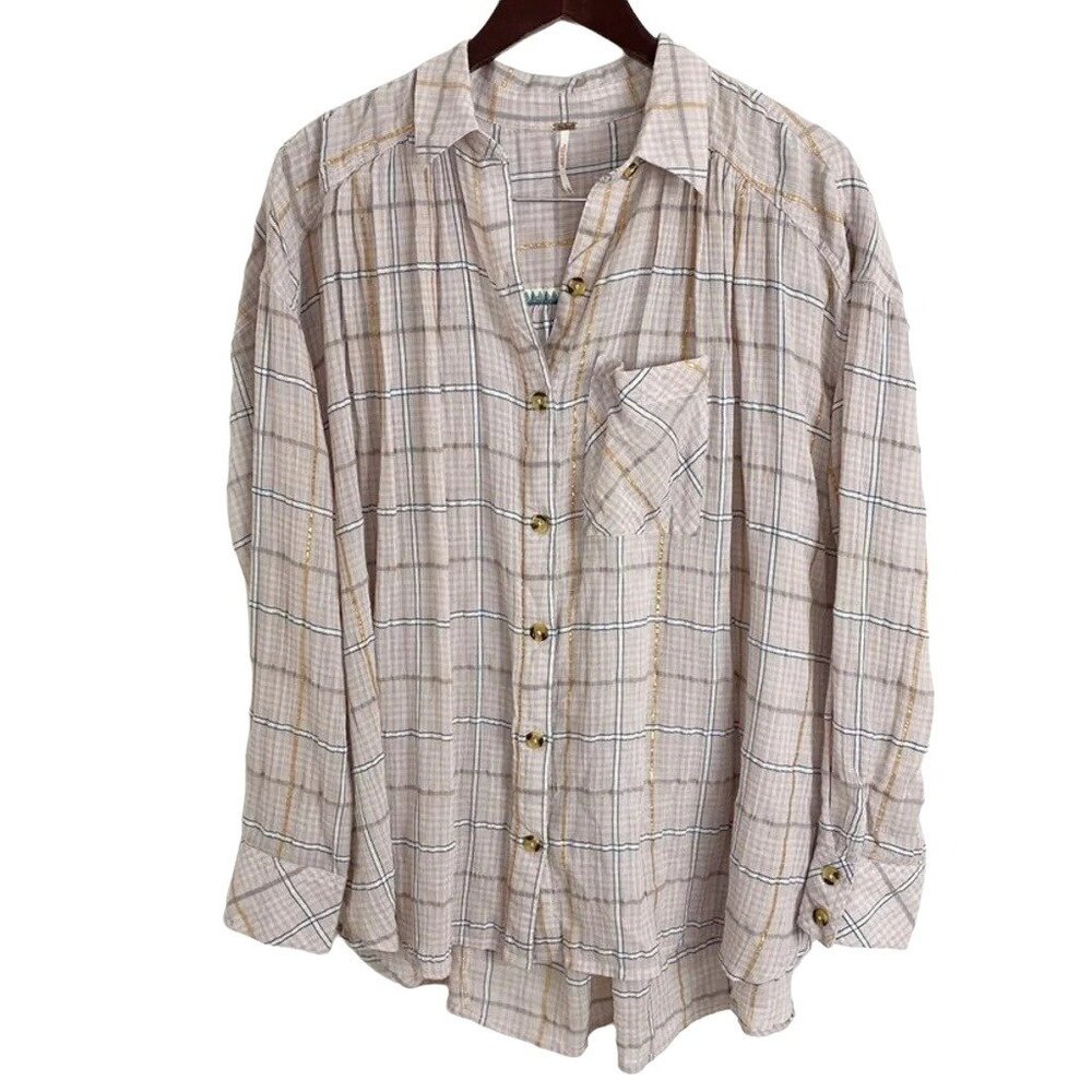 Free People Break My Stripe Pink Oversized Plaid Button Down Top - Picture 2 of 6